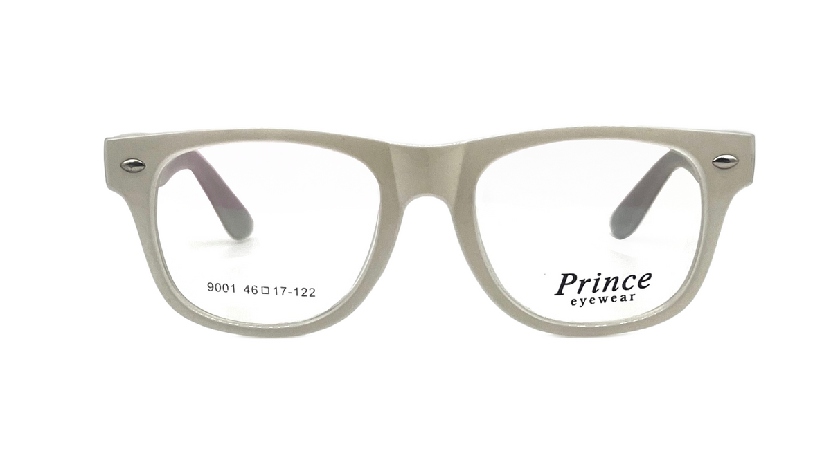 A pair of light beige acetate eyeglass frames with clear lenses, featuring the 'Prince eyewear' logo on the right lens and model number '9001 46 D17-122' on the left lens.