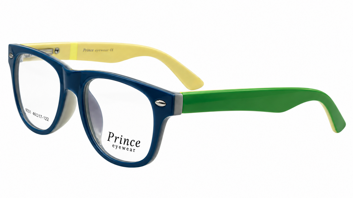 A pair of children's eyeglasses by Prince Eyewear, featuring a navy blue front frame, a bright green temple arm, a yellow temple arm, and clear lenses.