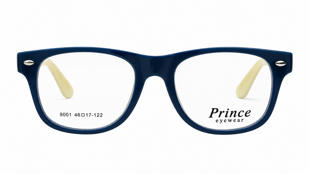 A pair of navy blue eyeglass frames with clear lenses and cream-colored temple tips, shown against a plain white background. The brand name 'Prince eyewear' is printed on the lower right lens.