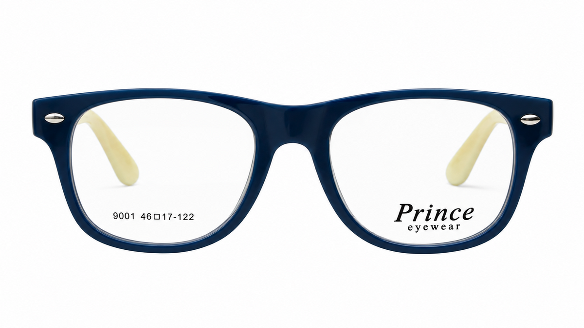 A pair of navy blue eyeglass frames with clear lenses and cream-colored temple tips, shown against a plain white background. The brand name 'Prince eyewear' is printed on the lower right lens.