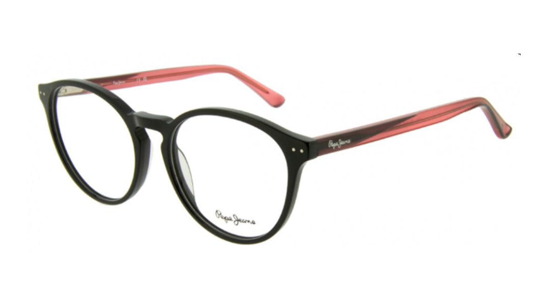 Pepe Jeans round eyeglasses featuring a glossy black front frame and translucent pink acetate temples, shown on a plain white background.