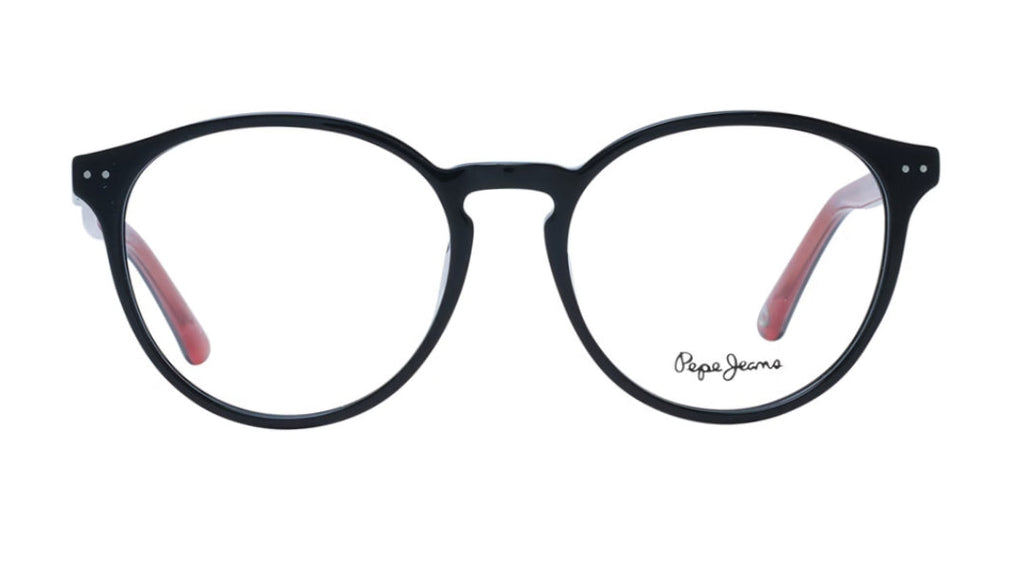 Black round eyeglass frames with clear lenses and pink inner temple tips, shown against a plain white background. The brand name 'Pepe Jeans' is printed on the lower right lens.