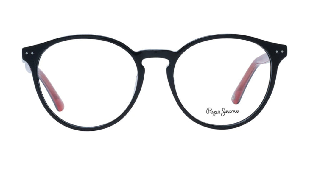 Black round eyeglass frames with clear lenses and pink inner temple tips, shown against a plain white background. The brand name 'Pepe Jeans' is printed on the lower right lens.