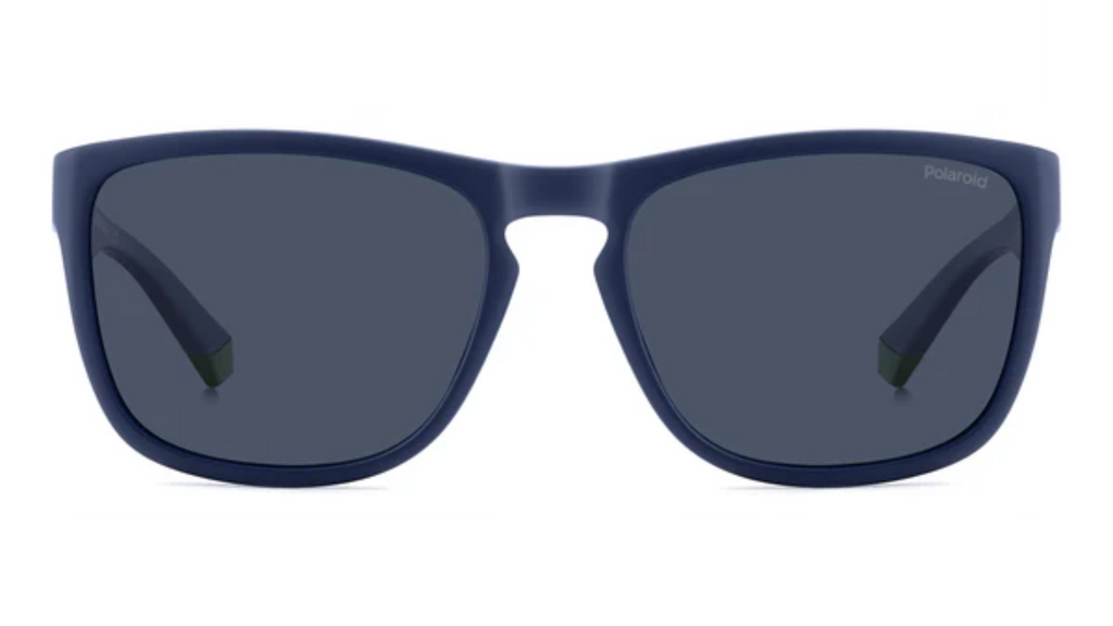 A pair of Polaroid sunglasses with a matte navy blue frame and dark gray lenses, shown against a plain white background.
