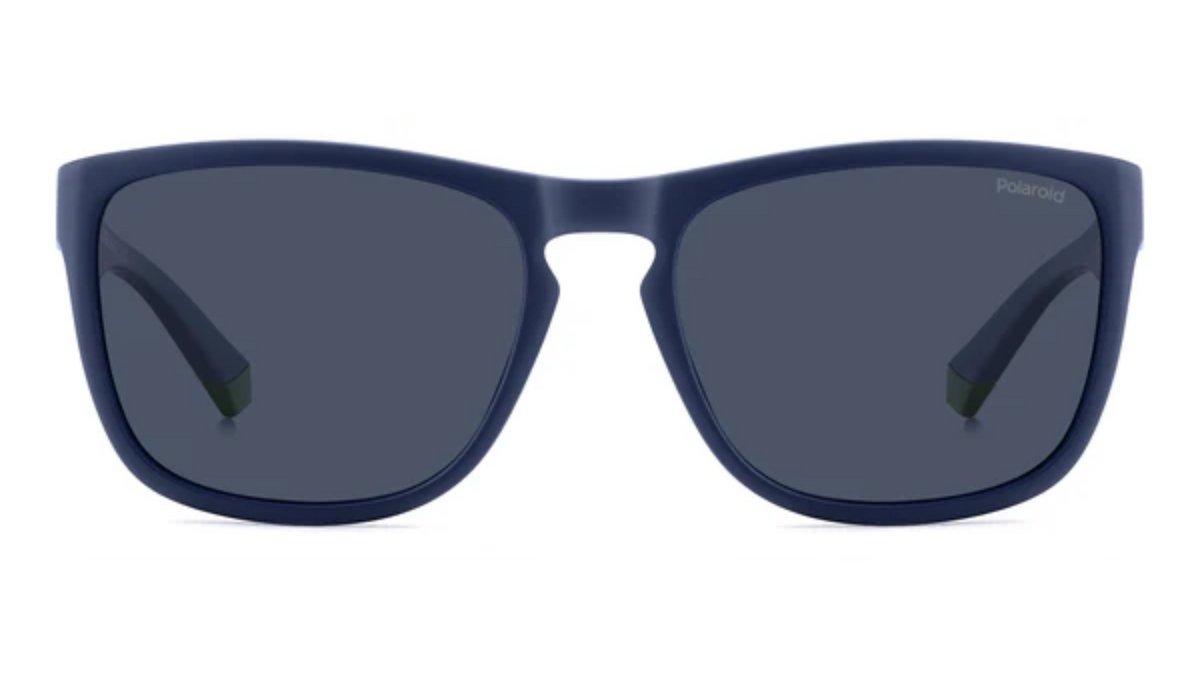 A pair of Polaroid sunglasses with a matte navy blue frame and dark gray lenses, shown against a plain white background.
