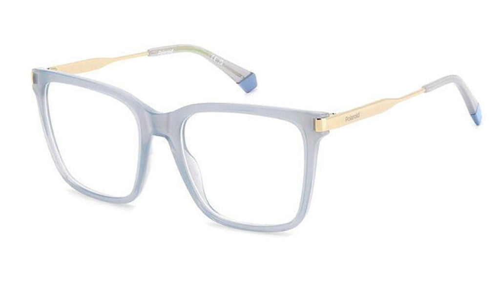 A pair of square-frame eyeglasses with a translucent light blue-grey front, gold metal accents on the temples, and blue tips on the earpieces, shown on a plain white background.