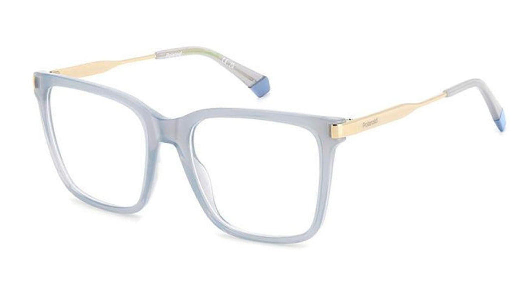 A pair of square-frame eyeglasses with a translucent light blue-grey front, gold metal accents on the temples, and blue tips on the earpieces, shown on a plain white background.