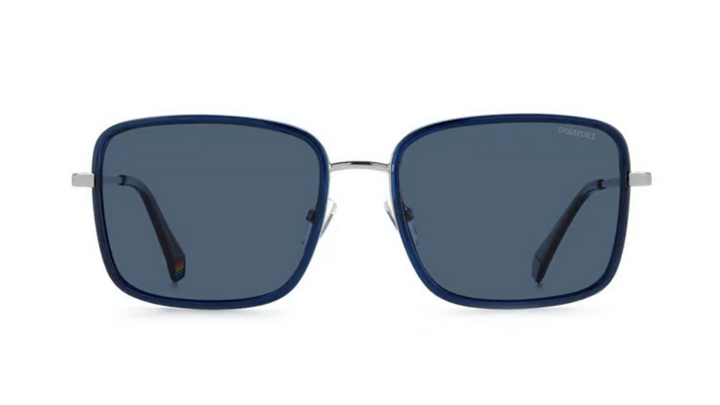 A pair of square sunglasses with a dark blue acetate frame, silver metal temples, and dark gray lenses, shown against a plain white background.