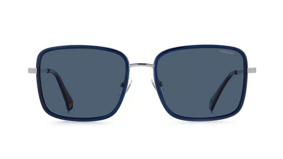 A pair of square sunglasses with a dark blue acetate frame, silver metal temples, and dark gray lenses, shown against a plain white background.