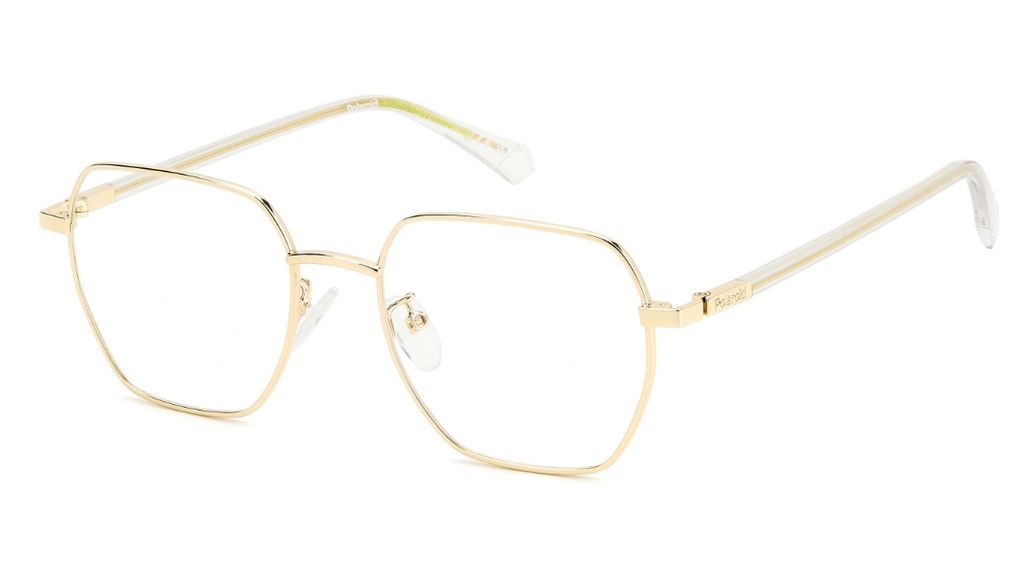Gold metal eyeglasses with a unique multi-layered geometric frame design and clear acetate temple tips, shown on a white background.