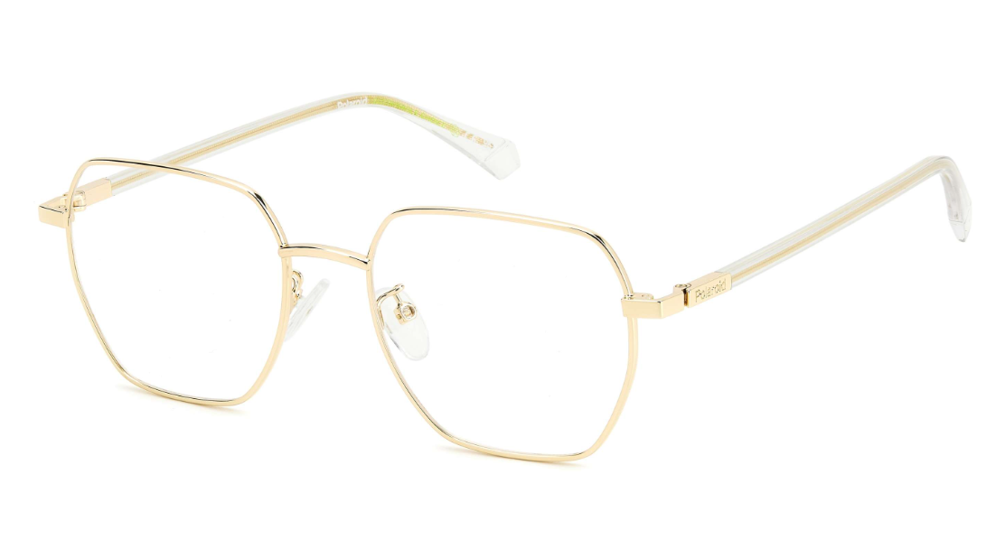 Gold metal eyeglasses with a unique multi-layered geometric frame design and clear acetate temple tips, shown on a white background.