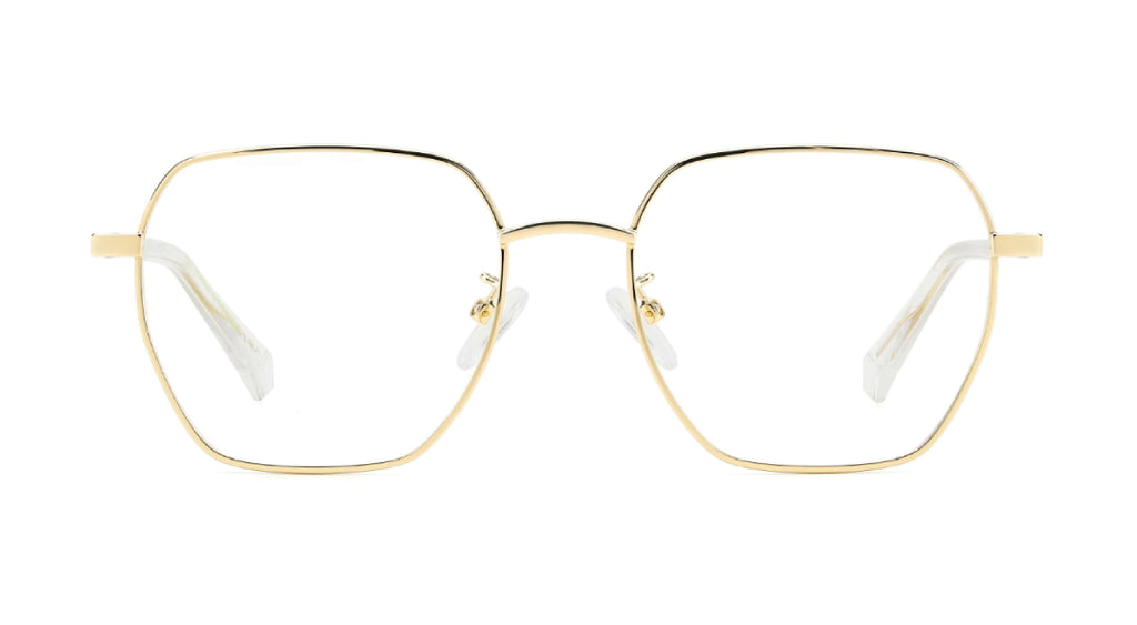 Gold metal eyeglass frames with clear lenses and white temple tips, shown from the front on a white background.