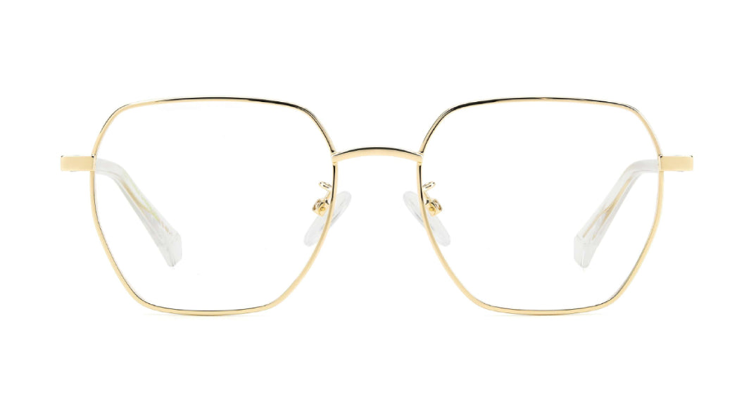 Gold metal eyeglass frames with clear lenses and white temple tips, shown from the front on a white background.