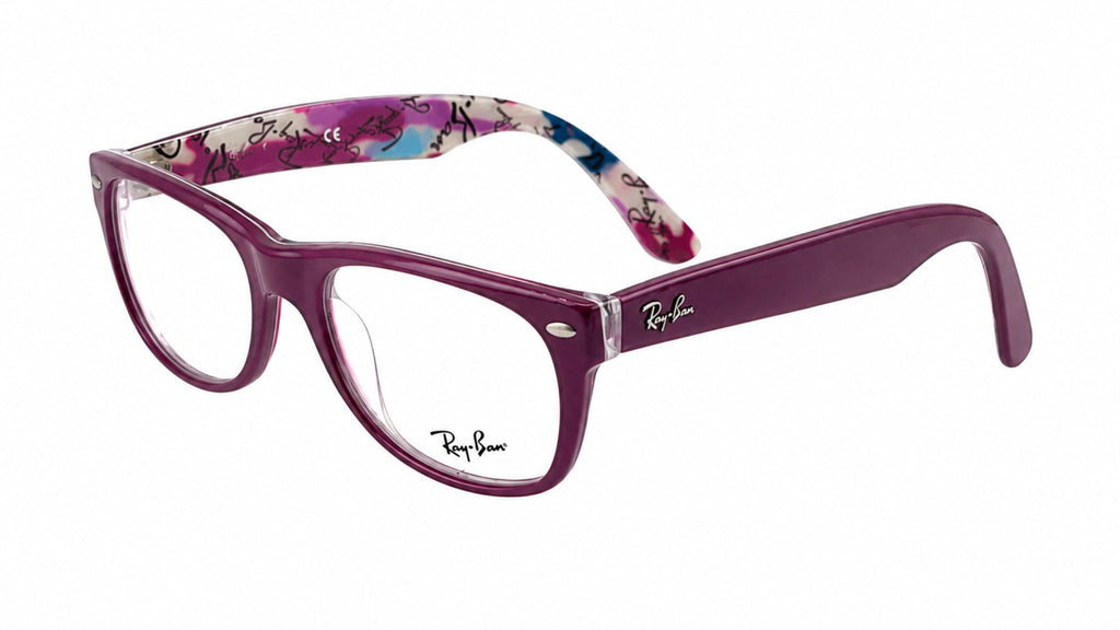 Ray-Ban eyeglasses featuring a translucent purple front frame, clear lenses, and a colorful floral patterned inner temple arm, shown on a white background.
