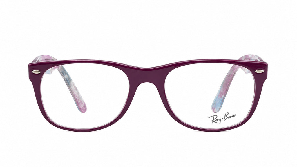 Ray-Ban eyeglasses with a dark purple acetate frame and light pink and blue marbled temple tips, shown against a plain white background.