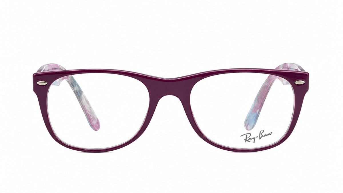 Ray-Ban eyeglasses with a dark purple acetate frame and light pink and blue marbled temple tips, shown against a plain white background.