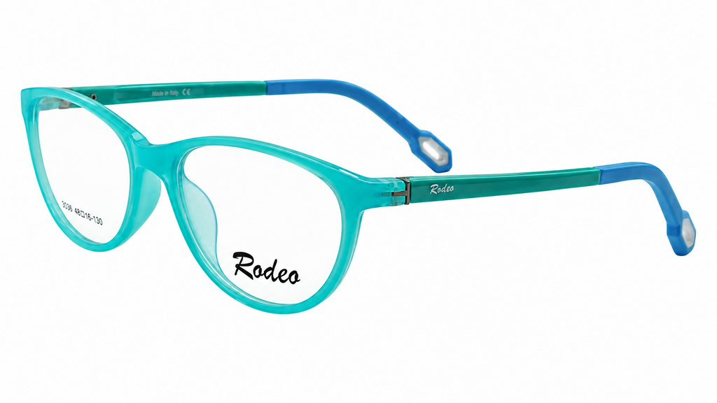Rodeo brand children's eyeglasses featuring a translucent turquoise acetate frame with bright blue temples, shown on a plain white background.