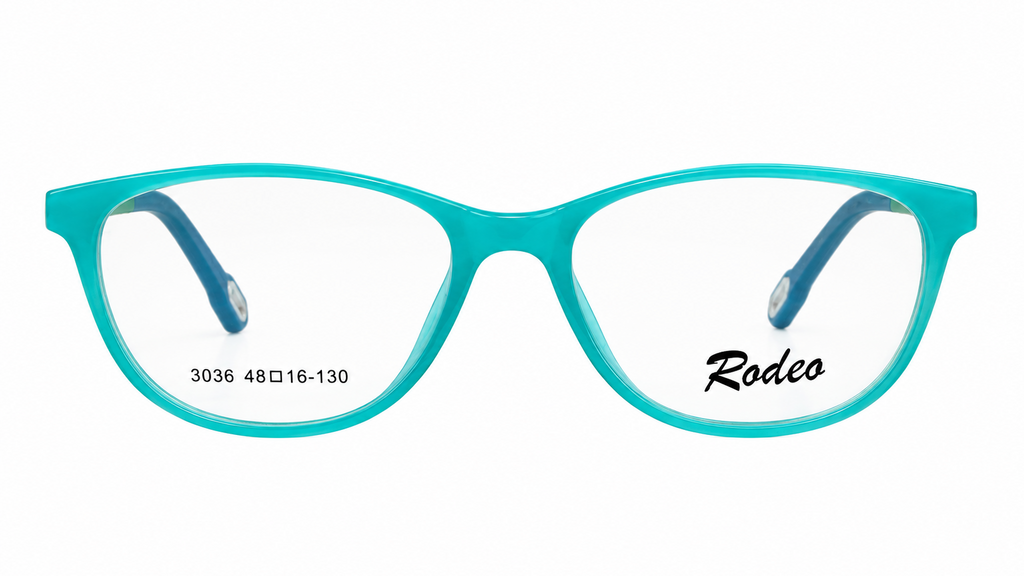 Rodeo brand eyeglasses featuring a vibrant turquoise acetate frame with clear lenses and blue temple tips, shown against a plain white background.