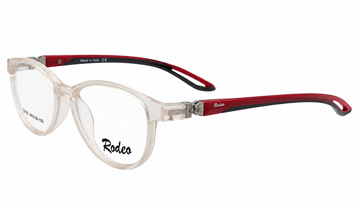 Rodeo eyeglasses featuring a translucent clear acetate front frame and red and black temples, shown on a plain white background.