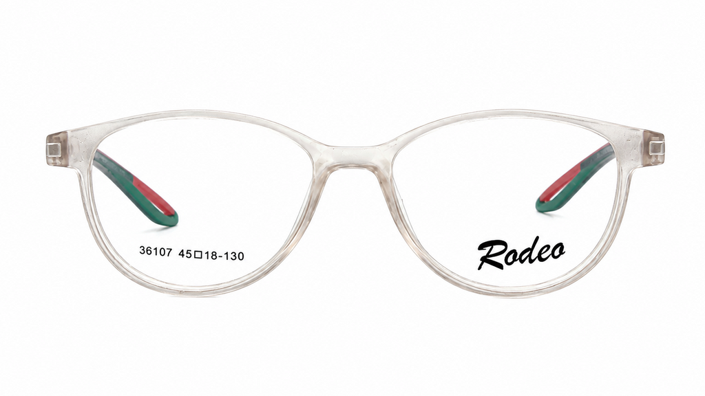 Clear acetate round eyeglasses with green and red striped temple arms, featuring the 'Rodeo' brand name printed on the right lens.