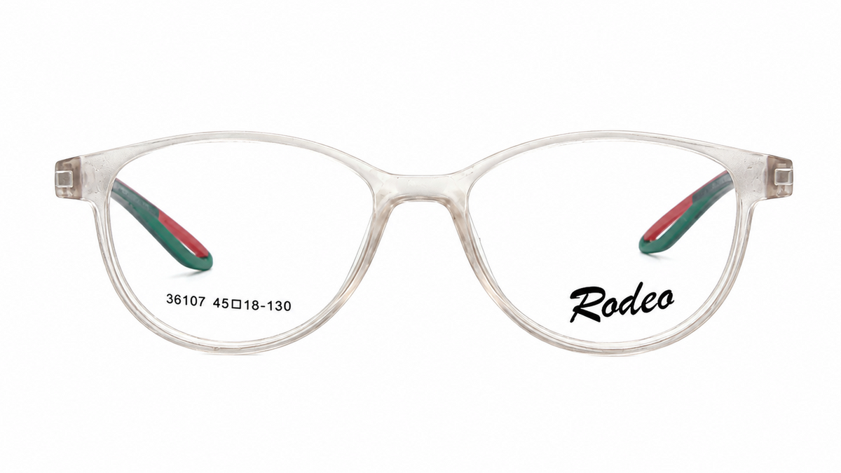Clear acetate round eyeglasses with green and red striped temple arms, featuring the 'Rodeo' brand name printed on the right lens.