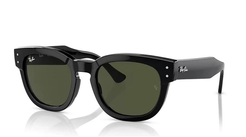 Black acetate sunglasses with dark green lenses and small silver rivets, shown on a clean white background with a soft reflection.