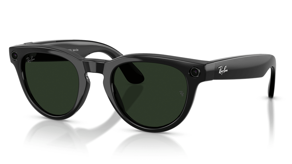 Ray-Ban Meta Headliner Shiny Black -Transitions- Gen 2   Pair of Ray-Ban sunglasses with dark lenses on a reflective surface