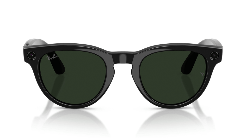 Ray-Ban Meta Headliner Shiny Black -Transitions- Gen 2   Sunglasses with a reflective surface on a gradient blue background