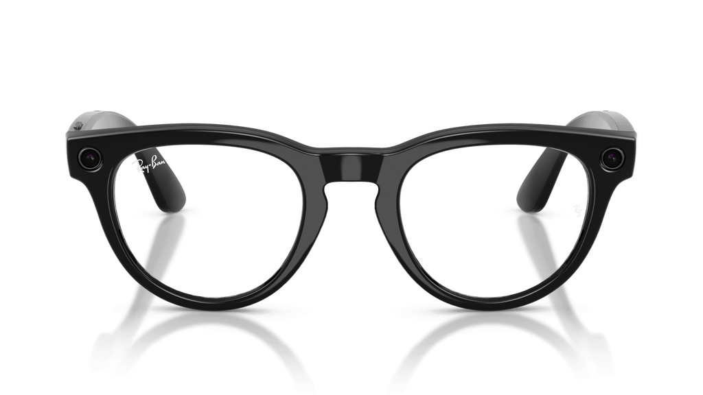 Ray-Ban Meta Headliner Shiny Black -Transitions- Gen 2   Black eyeglasses on a reflective surface with a dark green background