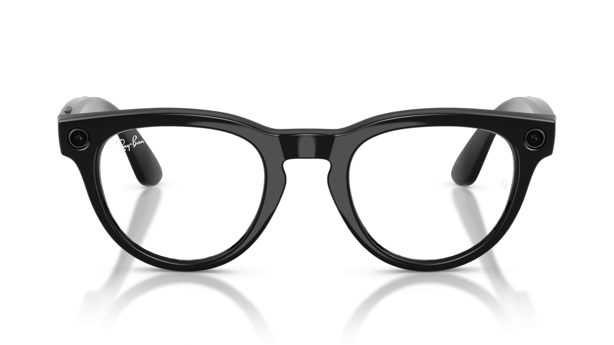 Ray-Ban Meta Headliner Shiny Black -Transitions- Gen 2   Black eyeglasses on a reflective surface with a dark green background