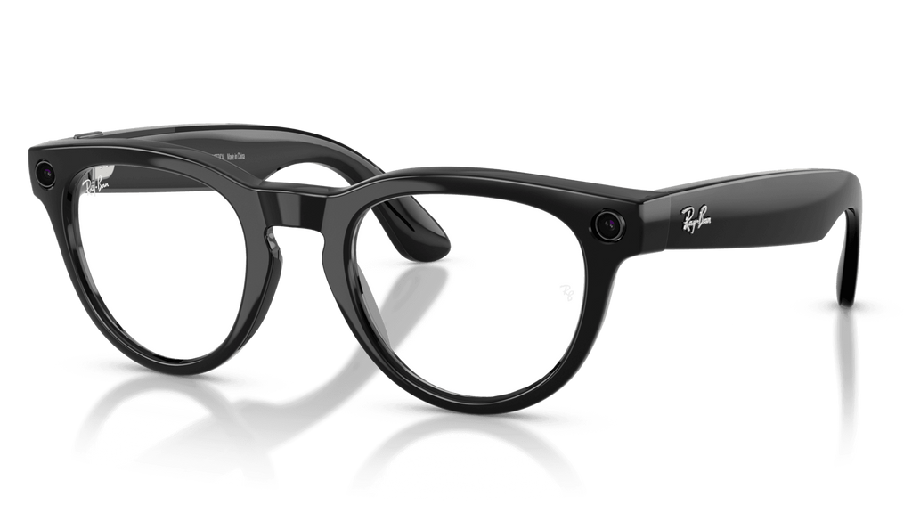 Ray-Ban Meta Headliner Shiny Black -Transitions- Gen 2   Black sunglasses with reflective lenses on a clear background