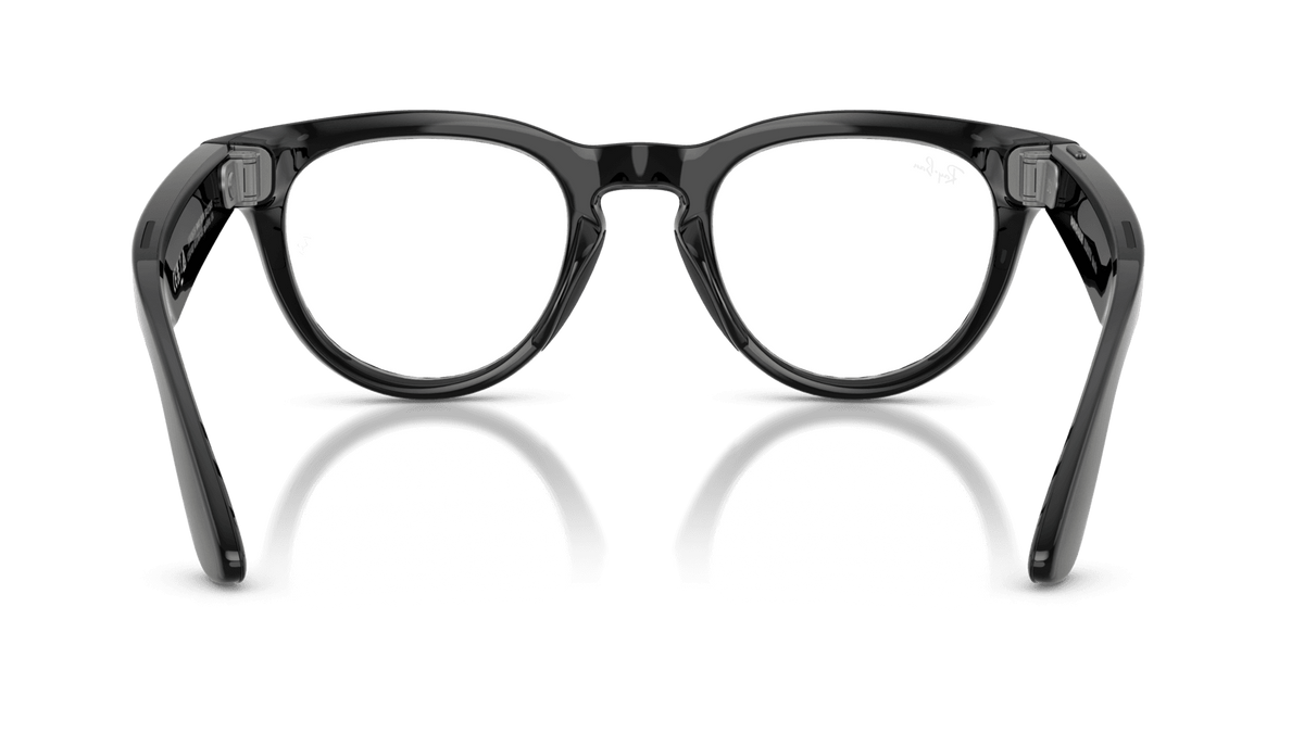 Ray-Ban Meta Headliner Shiny Black -Transitions- Gen 2Black eyeglasses with reflective lenses on a dark background