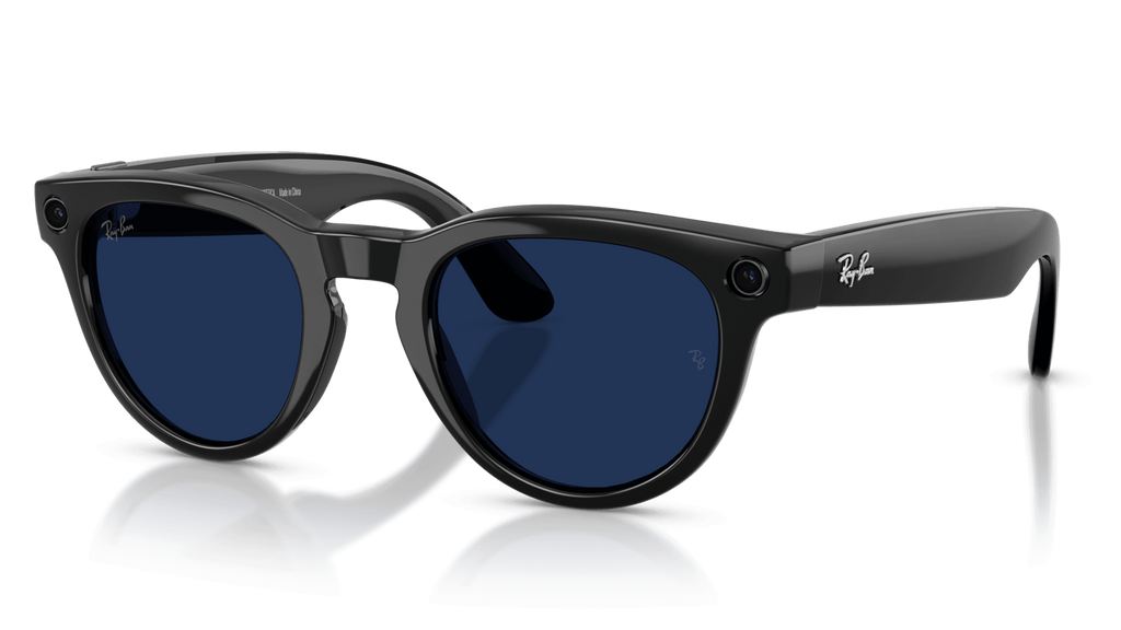Ray-Ban | Meta Headliner Shiny Black -Transitions Gen 2 Pair of Ray-Ban sunglasses with dark blue lenses on a reflective surface.