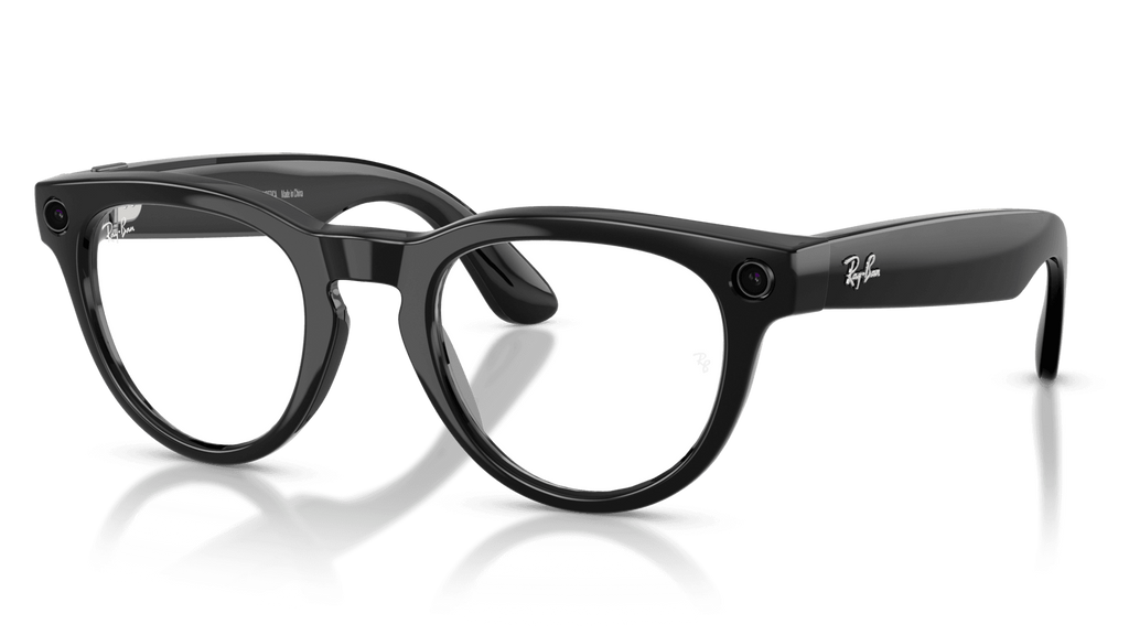 Ray-Ban | Meta Headliner Shiny Black -Transitions Gen 2 Black sunglasses with reflective lenses on a clear background
