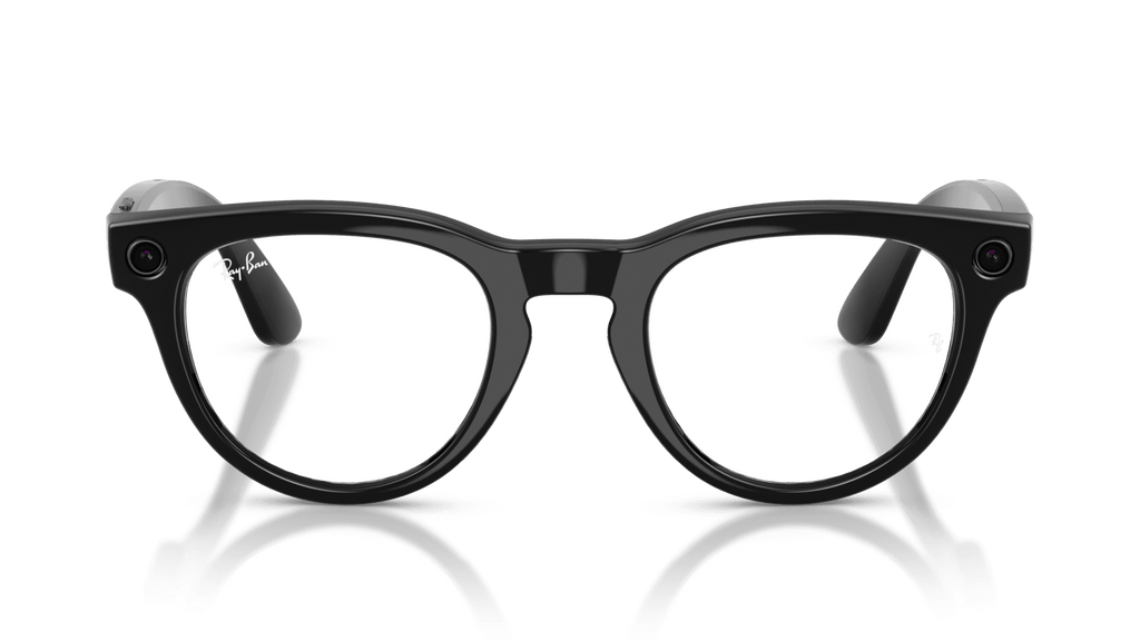 Ray-Ban | Meta Headliner Shiny Black -Transitions Gen 2  Black-framed glasses on a reflective surface with a gradient blue background