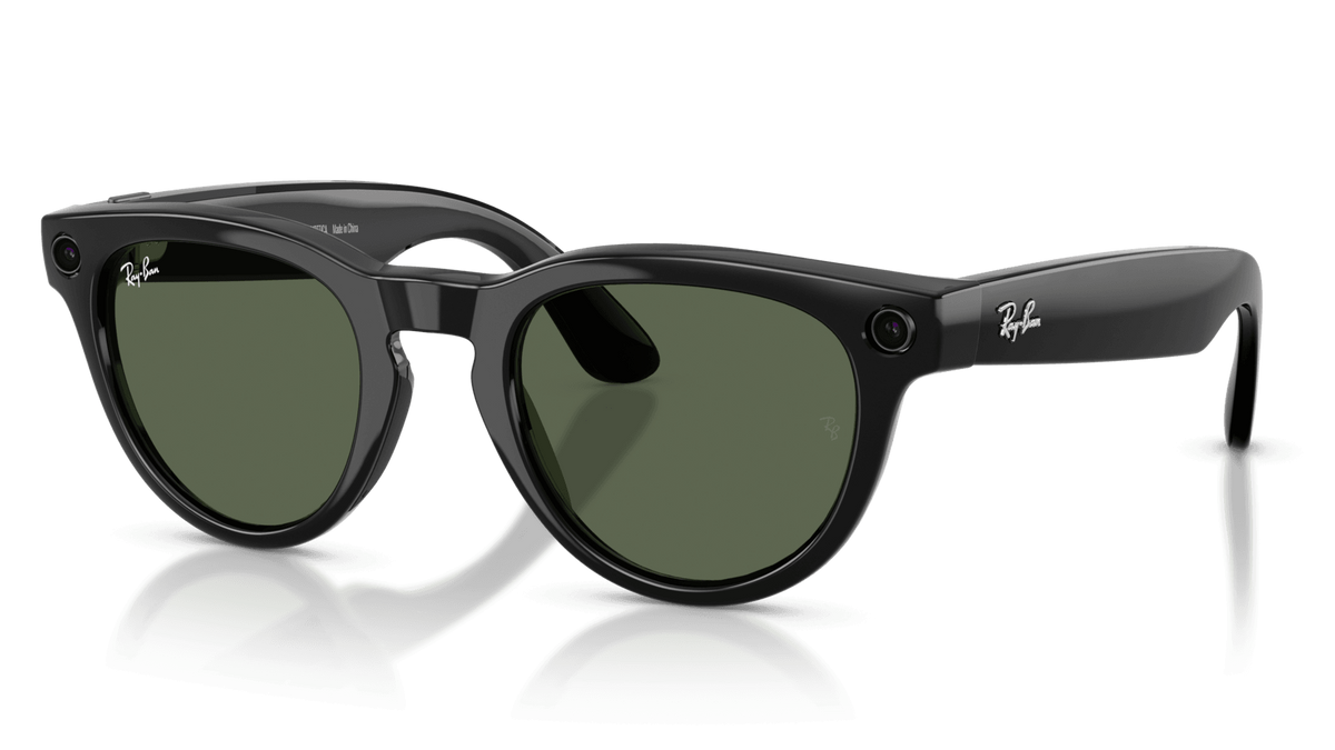 Ray-Ban Meta Headliner Shiny Black - Gen 2   Ray-Ban sunglasses with dark green lenses on a reflective surface