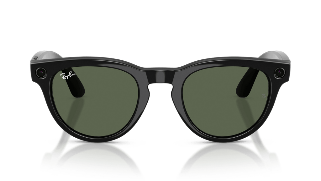 Ray-Ban Meta Headliner Shiny Black - Gen 2  Black sunglasses with green lenses on a clear stand against a clear background