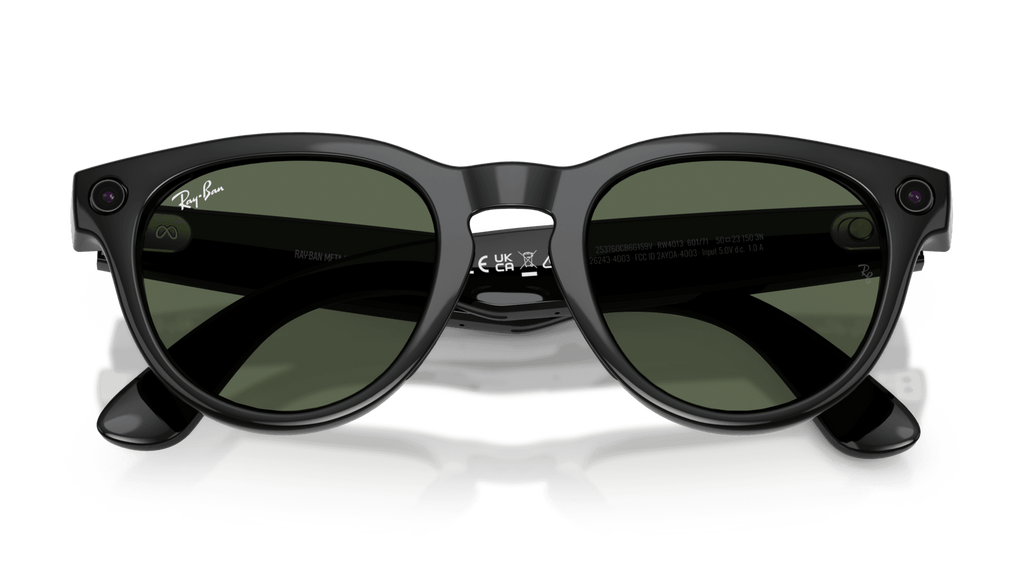 Ray-Ban Meta Headliner Shiny Black - Gen 2  Black sunglasses with reflective lenses on a clear background
