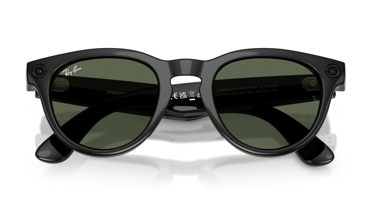 Ray-Ban Meta Headliner Shiny Black - Gen 2  Black sunglasses with reflective lenses on a clear background