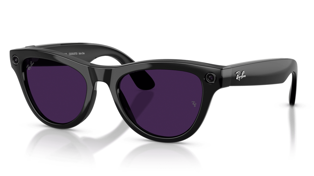 Ray-Ban | Meta Skyler Shiny Black -Transitions Gen 2  Pair of sunglasses with purple lenses on a reflective surface
