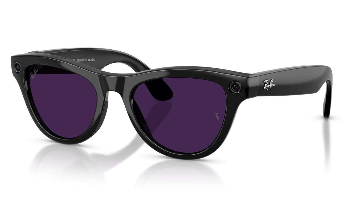 Ray-Ban | Meta Skyler Shiny Black -Transitions Gen 2  Pair of sunglasses with purple lenses on a reflective surface