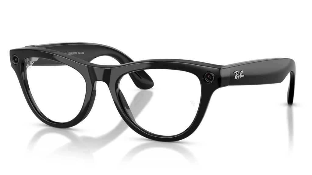 Ray-Ban | Meta Skyler Shiny Black -Transitions Gen 2 Black sunglasses with a reflective surface on a clear background
