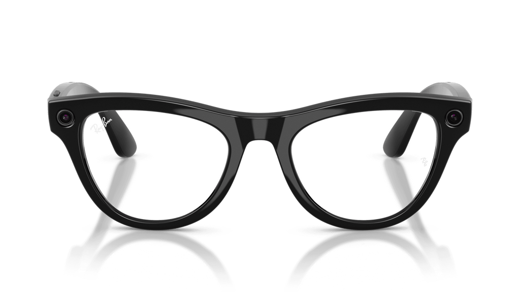 Ray-Ban | Meta Skyler Shiny Black -Transitions Gen 2  Black cat-eye glasses on a reflective surface with a gradient blue background