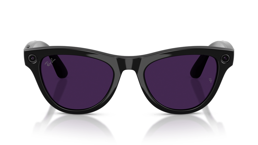 Ray-Ban | Meta Skyler Shiny Black -Transitions Gen 2  Black sunglasses with purple lenses on a reflective surface against a gradient background