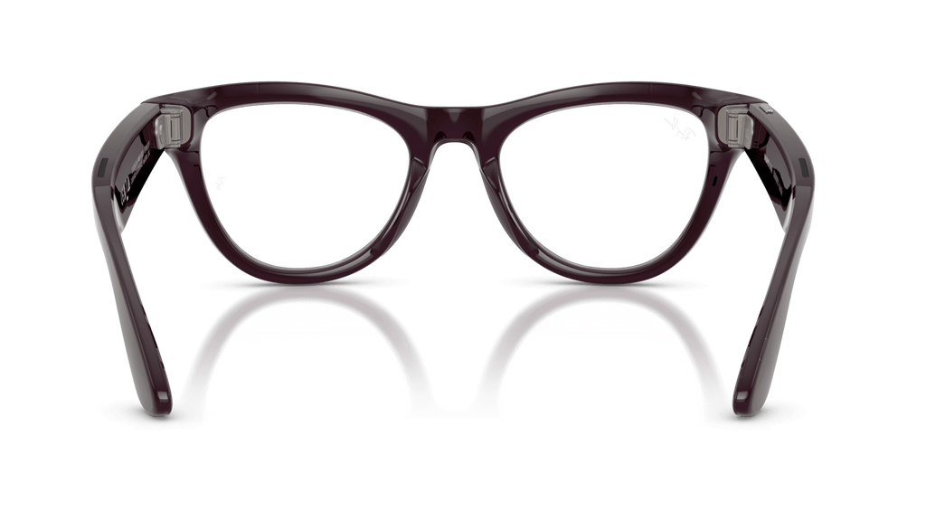 Ray-Ban | Meta Skyler Shiny Mystic Violet -Transitions Gen 2Black eyeglasses on a reflective surface with a dark green background