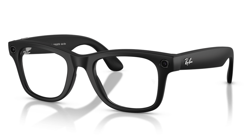 Ray-Ban | Meta Wayfarer Matte Black - Gen 2Black sunglasses with reflective lenses on a dark background
