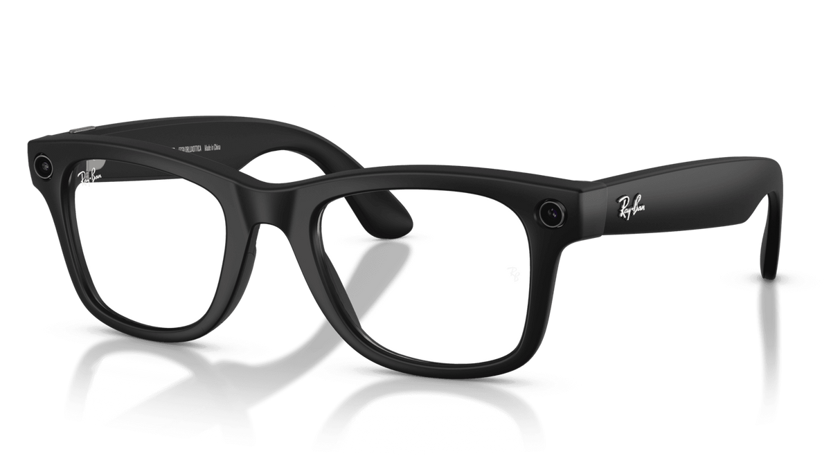 Ray-Ban | Meta Wayfarer Matte Black - Gen 2Black sunglasses with reflective lenses on a dark background