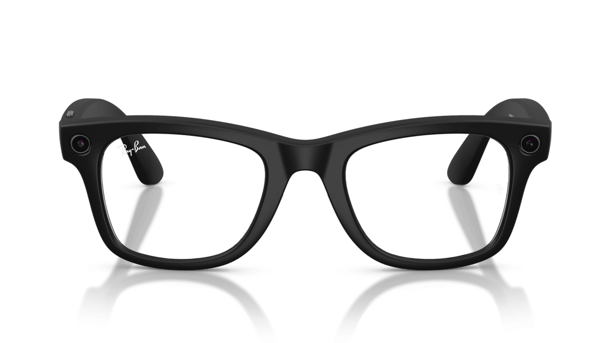 Ray-Ban | Meta Wayfarer Matte Black - Gen 2Black eyeglasses on a reflective surface with a gradient blue background