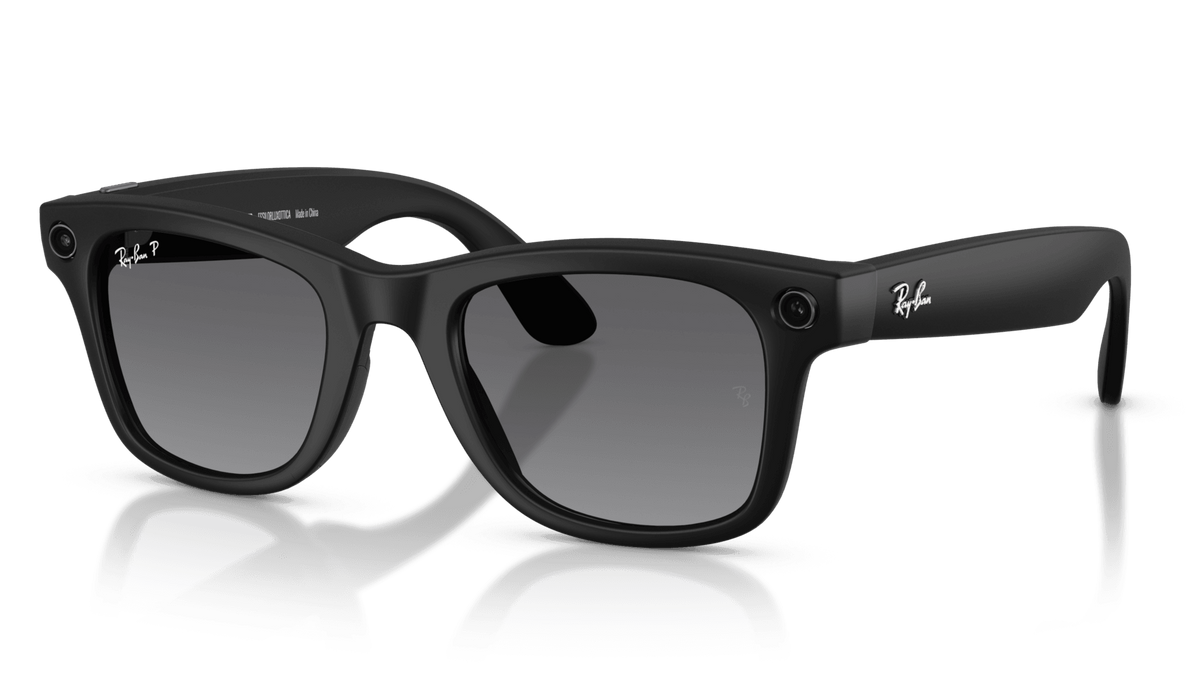 Ray-Ban Meta Wayfarer Matte Black - Gen 2   Black sunglasses with a reflective surface on a gray background