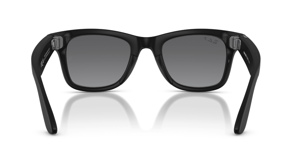 Ray-Ban Meta Wayfarer Matte Black - Gen 2   Black sunglasses with reflective surface on a gray background